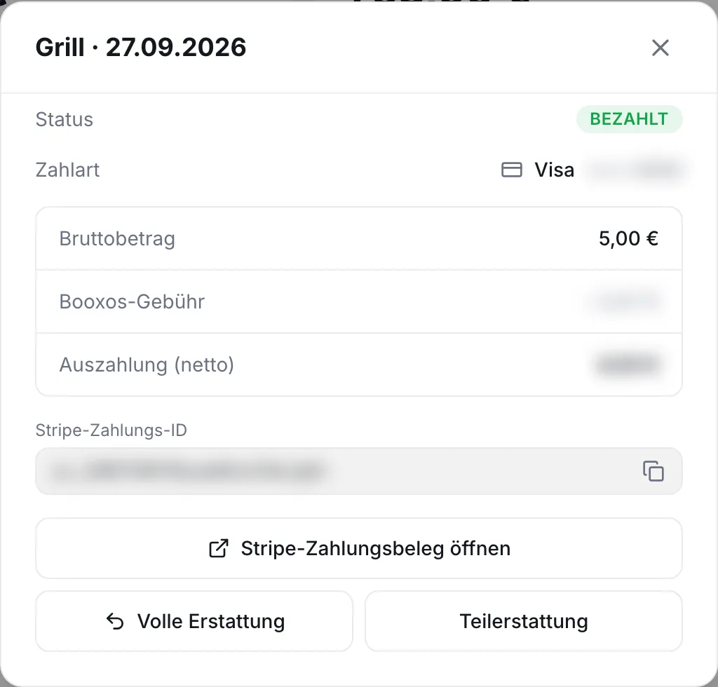 Detail-Popup einer Zahlung mit Status, Zahlart, Bruttobetrag, Booxos-Gebühr und Auszahlung (netto)