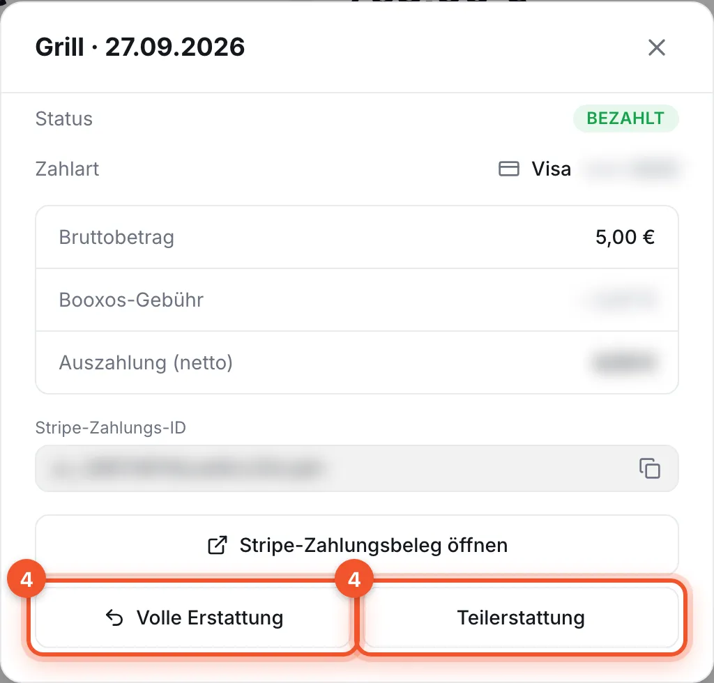Detail-Popup einer bezahlten Zahlung mit den Knöpfen „Volle Erstattung“ und „Teilerstattung“