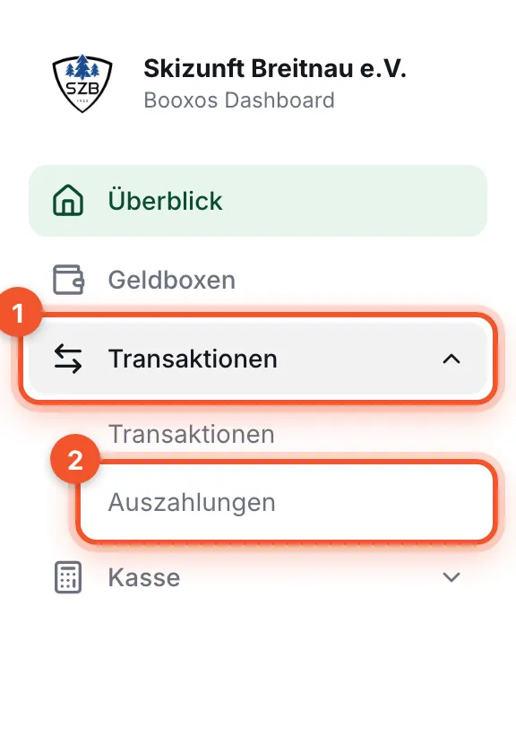 Menü links: „Transaktionen“ aufgeklappt, darunter „Auszahlungen“ markiert