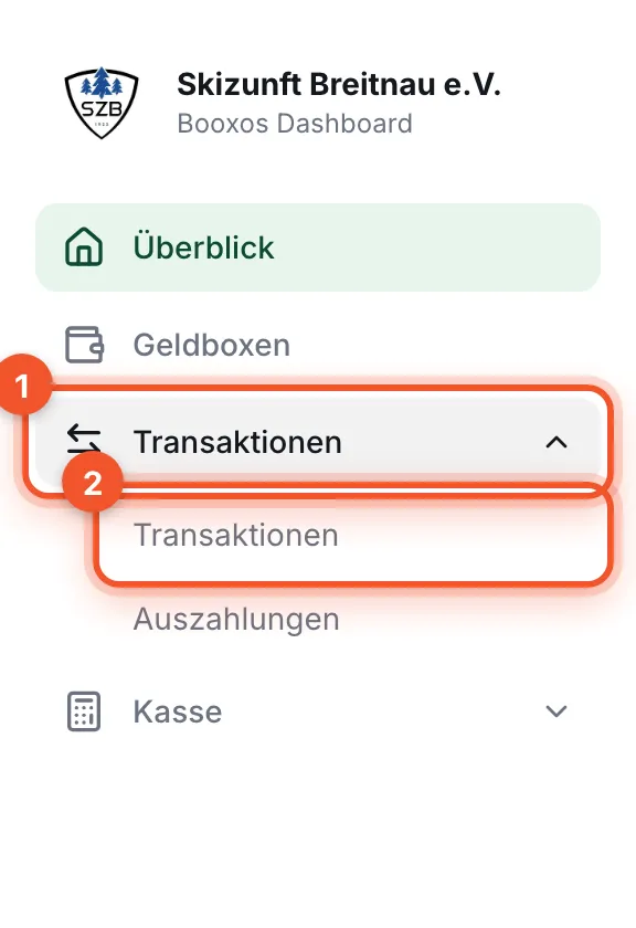 Menü links: „Transaktionen“ aufgeklappt, darunter „Transaktionen“ markiert