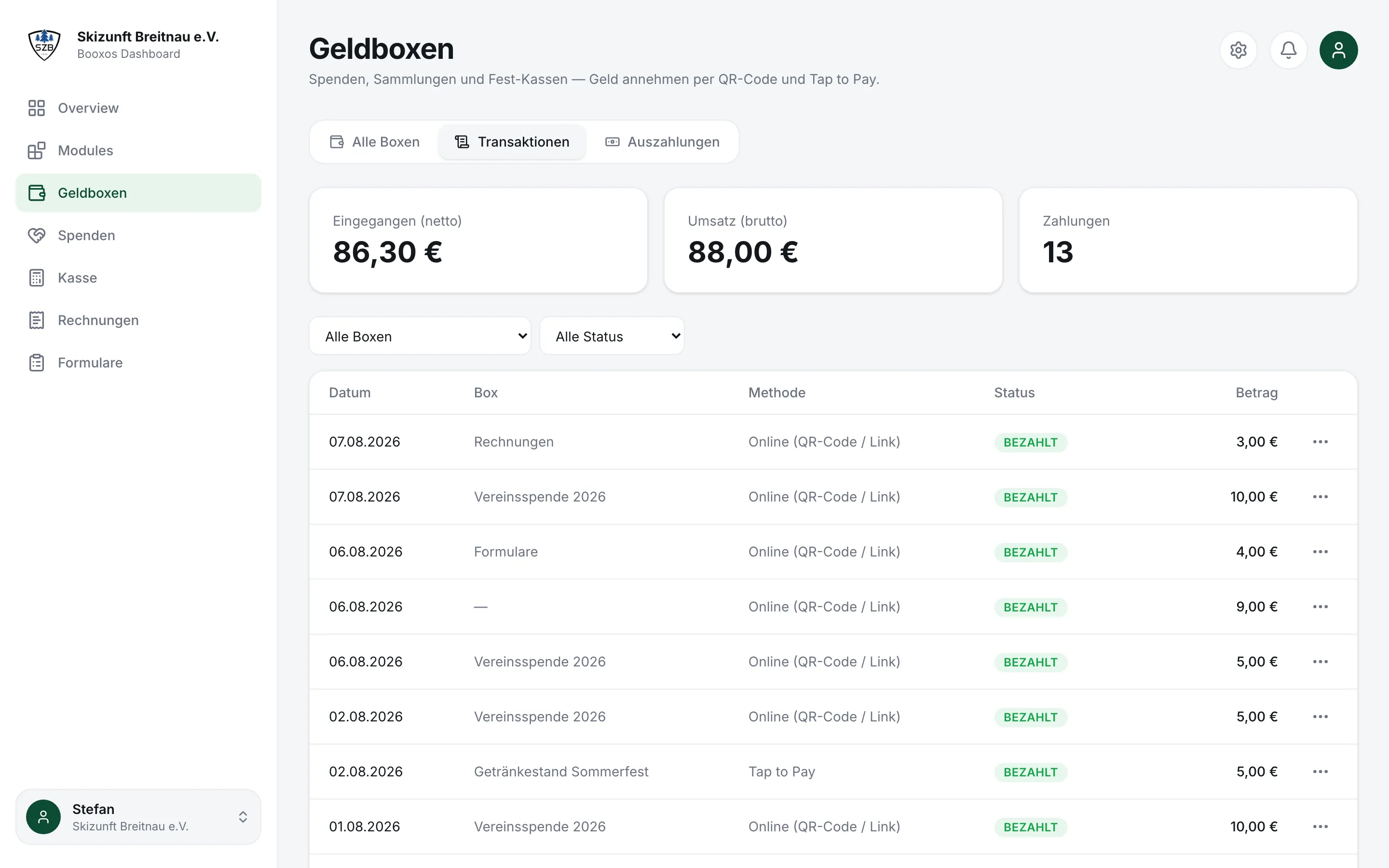 Reiter Transaktionen mit der Zahlungsliste und den Filtern