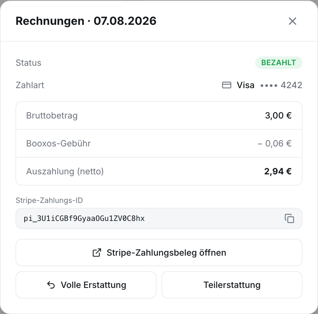 Detail einer Zahlung mit Aufschlüsselung und der Schaltfläche Erstatten
